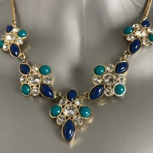 Vintage 1980 Statement Fashion Necklace Avon JJH Blue/Green & Clear Crystals